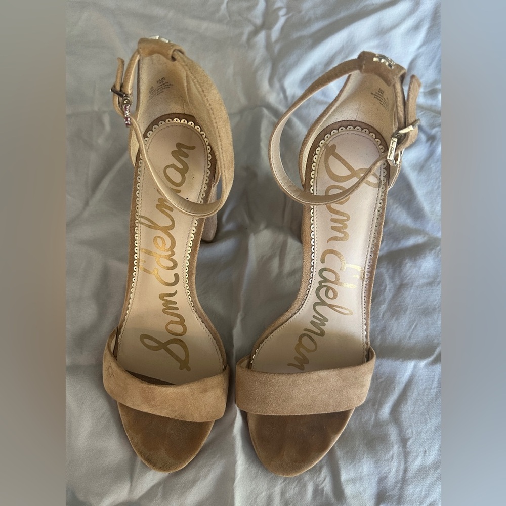Sam Edelman Beige Suede Open-Toe Ankle-Strap Heels